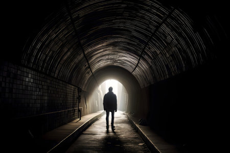 A lone figure walks towards a bright light at the end of a dark tunnel.