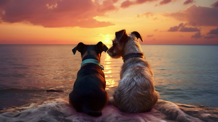 Two dogs sit together watching a stunning sunset over the ocean. Golden light reflects on the water.の写真素材