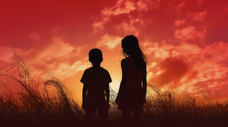 Two children silhouetted against a vibrant sunset. Peaceful moment.の写真素材