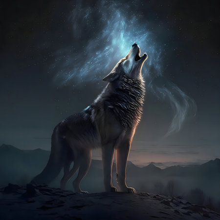 A lone wolf howls at the starry night sky, emitting mystical energy.