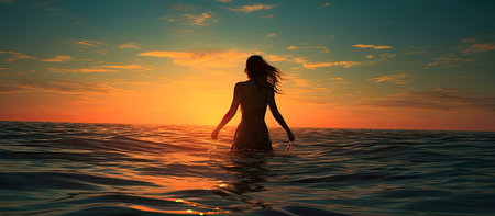 Silhouette of a woman wading in the ocean during a vibrant sunset. Serene and peaceful.