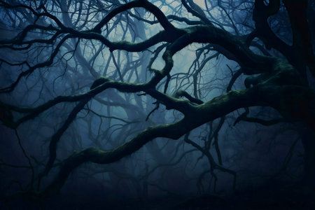 Dark, mysterious forest scene. Twisted branches, fog, and a moody atmosphere.