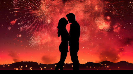 Silhouette of a couple kissing during a vibrant fireworks display at night.