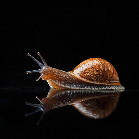 A snail's mesmerizing reflection on a black surface. Macro photography captures its beauty.の写真素材