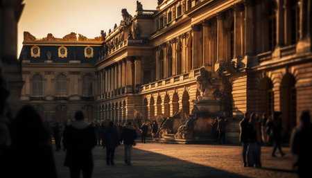 Palace of Versailles during sunset. People walking around the stunning architectureの写真素材