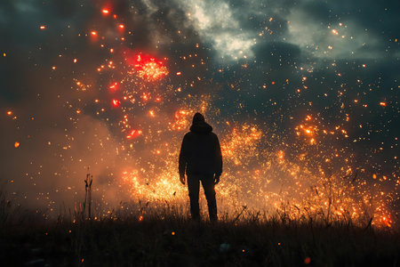 A person stands silhouetted against a breathtaking display of fireworks at night.