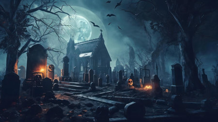 A chilling scene of a haunted cemetery under a full moon.の写真素材