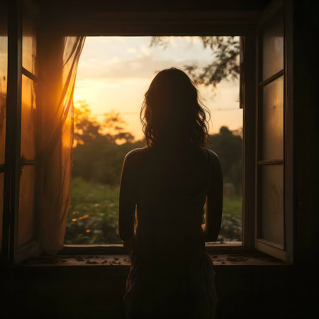 A woman silhouetted against a vibrant sunset, viewed from behind a window.の写真素材