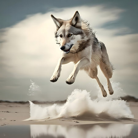 A magnificent wolf leaps through the air, splashing into the water at a beach. A powerful scene of wild natureの写真素材