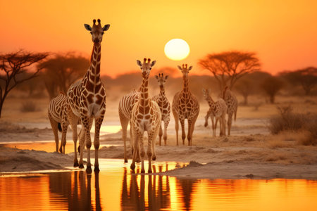 Giraffes at sunset in African savanna. Beautiful wildlife photography.の写真素材