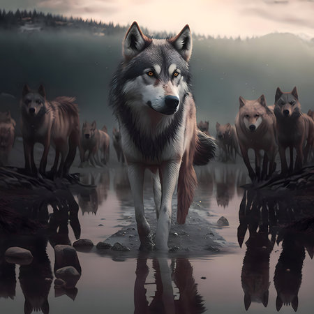 A lone wolf leads its pack across a misty lake at dawn. The reflection adds depth to the serene...