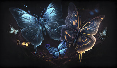 Two large butterflies, one blue and one gold, glow against a dark background.の写真素材