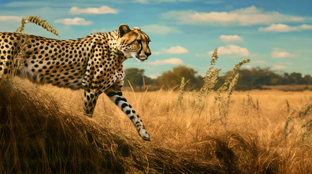 A cheetah gracefully walks through tall grass in the African savanna under a beautiful sky.の写真素材