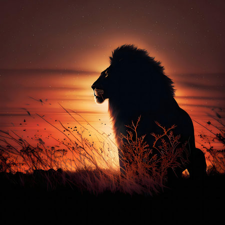 A majestic lion silhouetted against a vibrant sunset in the African savanna.の写真素材