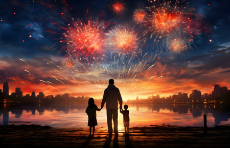 A family enjoys a stunning fireworks display over a city at sunset.の写真素材