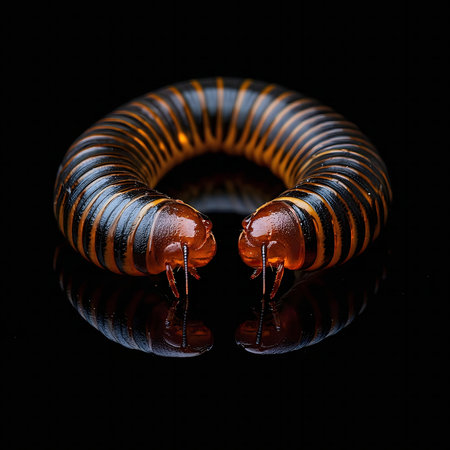 Close-up of two millipedes forming a circle, reflecting on a black surface.