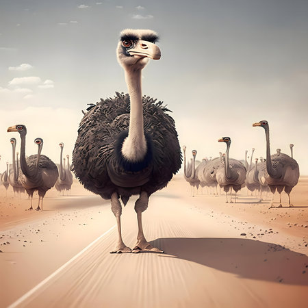 A single ostrich stands on a desert road, a flock behind it.の写真素材