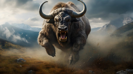 A powerful aurochs charges across a mountainous landscape. The scene is dramatic and full of raw power.の写真素材