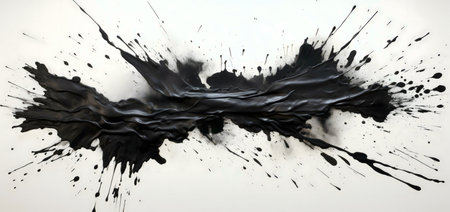 Bold black ink explodes across a white canvas in this dynamic abstract painting. The artwork showcases texture and movement.の写真素材