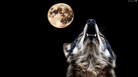 A lone wolf howls at a large full moon in the night sky.の写真素材