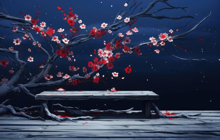 A digital painting of a wooden bench under a blooming cherry tree at night.の写真素材