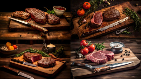Four juicy steaks, perfectly seared, presented with herbs and spices on wooden boards.の写真素材