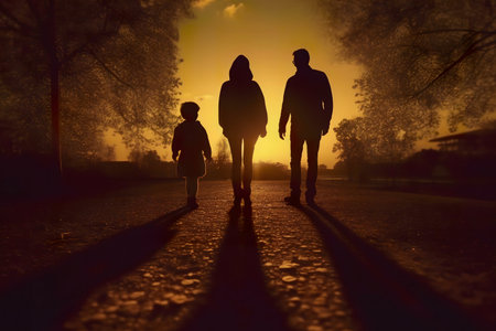 Silhouetted family walking at sunset.の写真素材