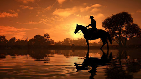 A cowboy on horseback at sunset, reflected in calm water.の写真素材