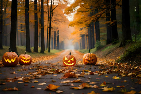 Carved pumpkins glow along an autumnal forest path. A spooky yet beautiful Halloween scene.の写真素材