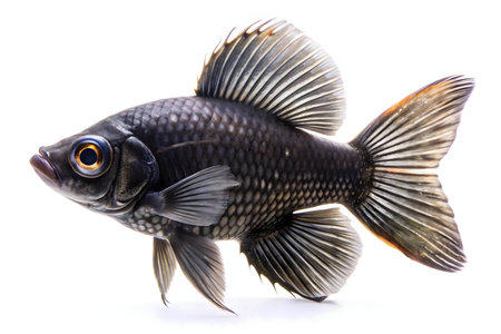 A detailed close-up shot of a black skirt tetra fish against a white background.の写真素材