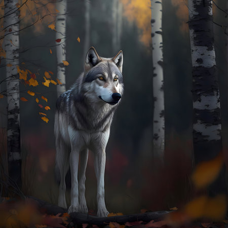 A lone wolf stands in a mysterious autumn forest. Birch trees and fallen leaves surround it.