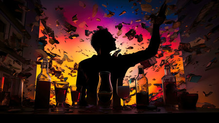Silhouette of a man at a bar, surrounded by colorful flying objects and bottles of alcohol. Dramatic and vibrant.の写真素材