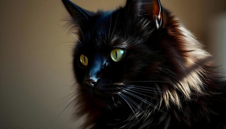 Close-up of a black cat with striking yellow eyes.の写真素材