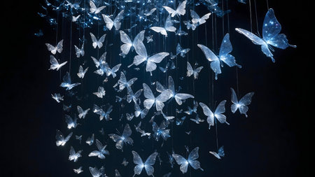 A mesmerizing cascade of luminous butterflies in a dark setting.の写真素材