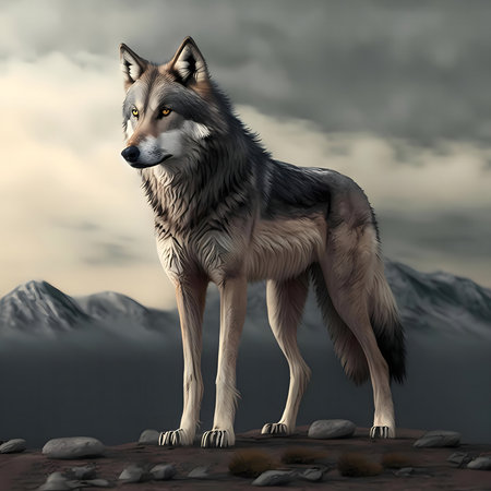 A lone wolf stands majestically on a rocky mountain peak, overlooking a breathtaking landscape.