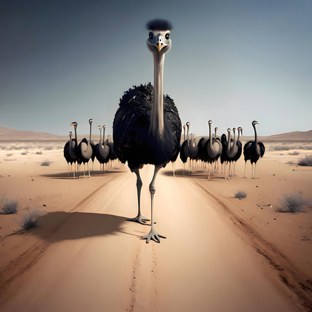 A majestic ostrich leads a group across a desert path.の写真素材