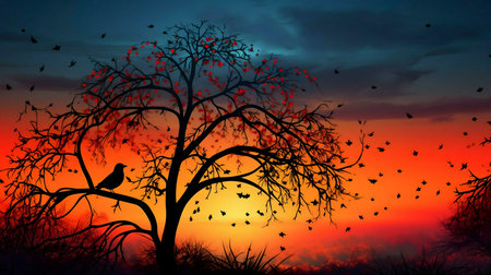 A digital painting of a solitary bird perched on a tree branch, silhouetted against a vibrant sunset. Leaves fall around it.の写真素材