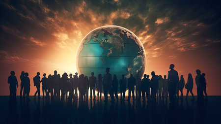 Silhouettes of people stand before a large globe at sunset, symbolizing global unity.の写真素材
