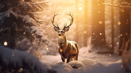 A majestic deer stands in a snowy winter forest, bathed in warm sunlight.の写真素材