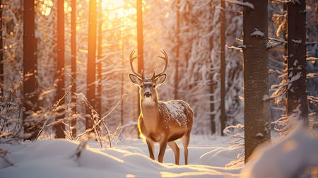 A majestic deer stands in a snow-covered forest during a magical sunset.の写真素材