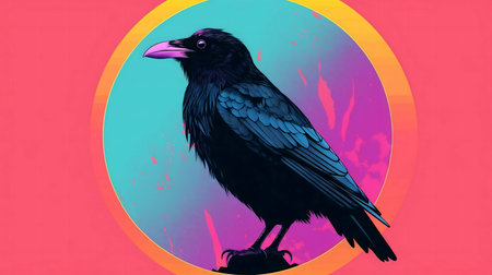 Stylized neon portrait of a raven. Bright colors and a modern design.の写真素材