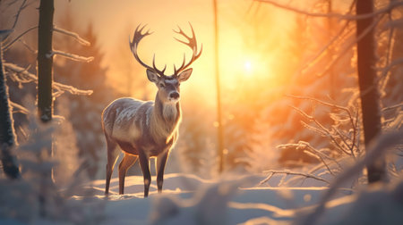 A majestic deer stands in a snowy forest during a breathtaking sunset. Warm light illuminates the scene.の写真素材