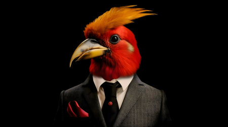Red bird wearing a suit. Whimsical and elegant.の写真素材