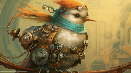 A charming steampunk bird, adorned with gears and goggles, perches on a branch.の写真素材