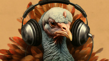 A digital painting of a turkey wearing headphones.の写真素材