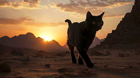 A black cat walks through a desert landscape at sunset, pyramids in the background.の写真素材