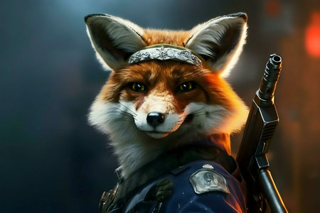 A digital art portrait of a red anthropomorphic fox in military attire. The fox has a determined...