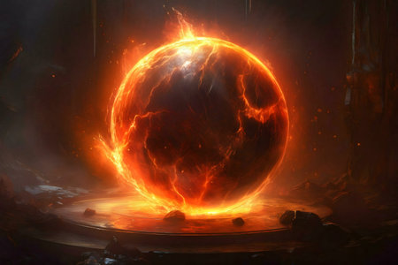 A fiery sphere ablaze, radiating heat and power. Digital fantasy art