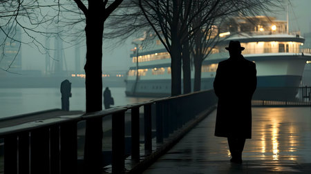 A lone figure walks along a waterfront path at twilight. A large ship is in the background.の写真素材