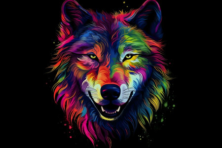 A stunning digital artwork depicting a wolf's head in vibrant rainbow colors against a black...